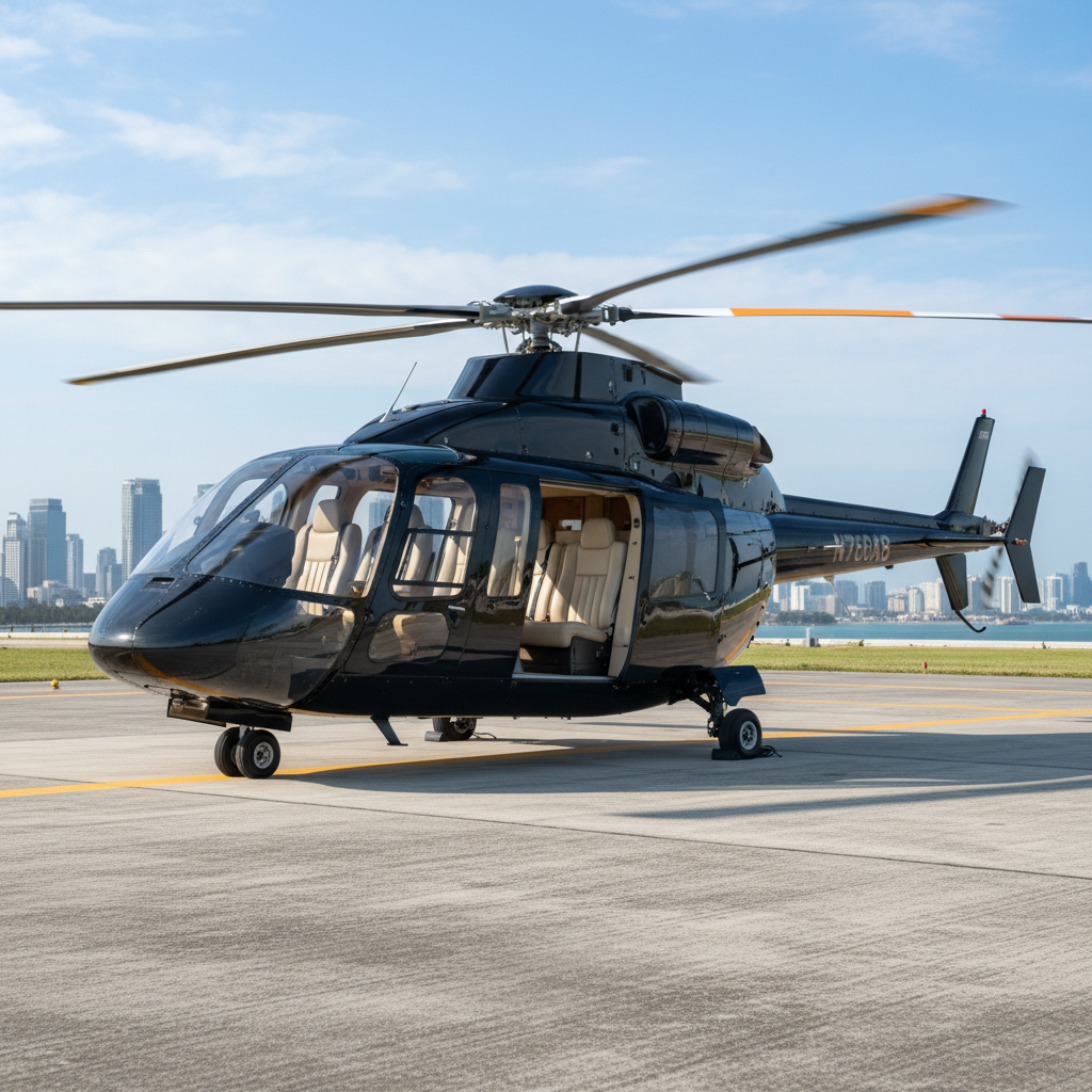 Sikorsky S-76 twin-engine helicopter on helipad with city skyline behind