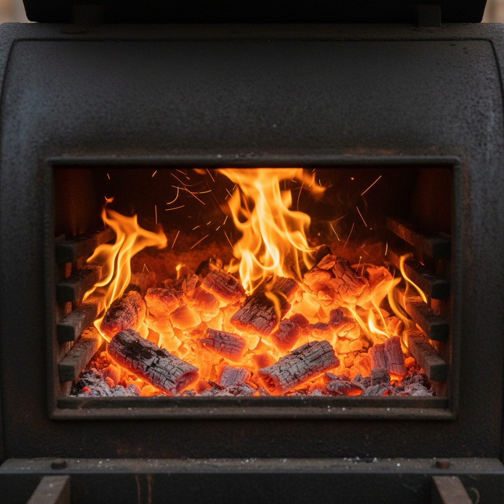 Embers glowing orange in an offset smoker firebox at night