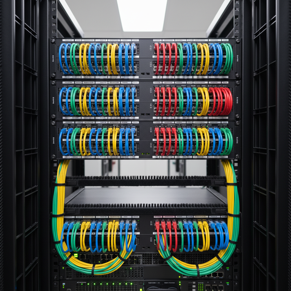 Network engineer terminating structured cabling in a tidy patch panel cabinet with colour-coded Cat6 cables