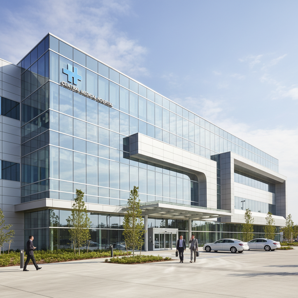 Modern hospital building exterior with glass windows and medical cross signage