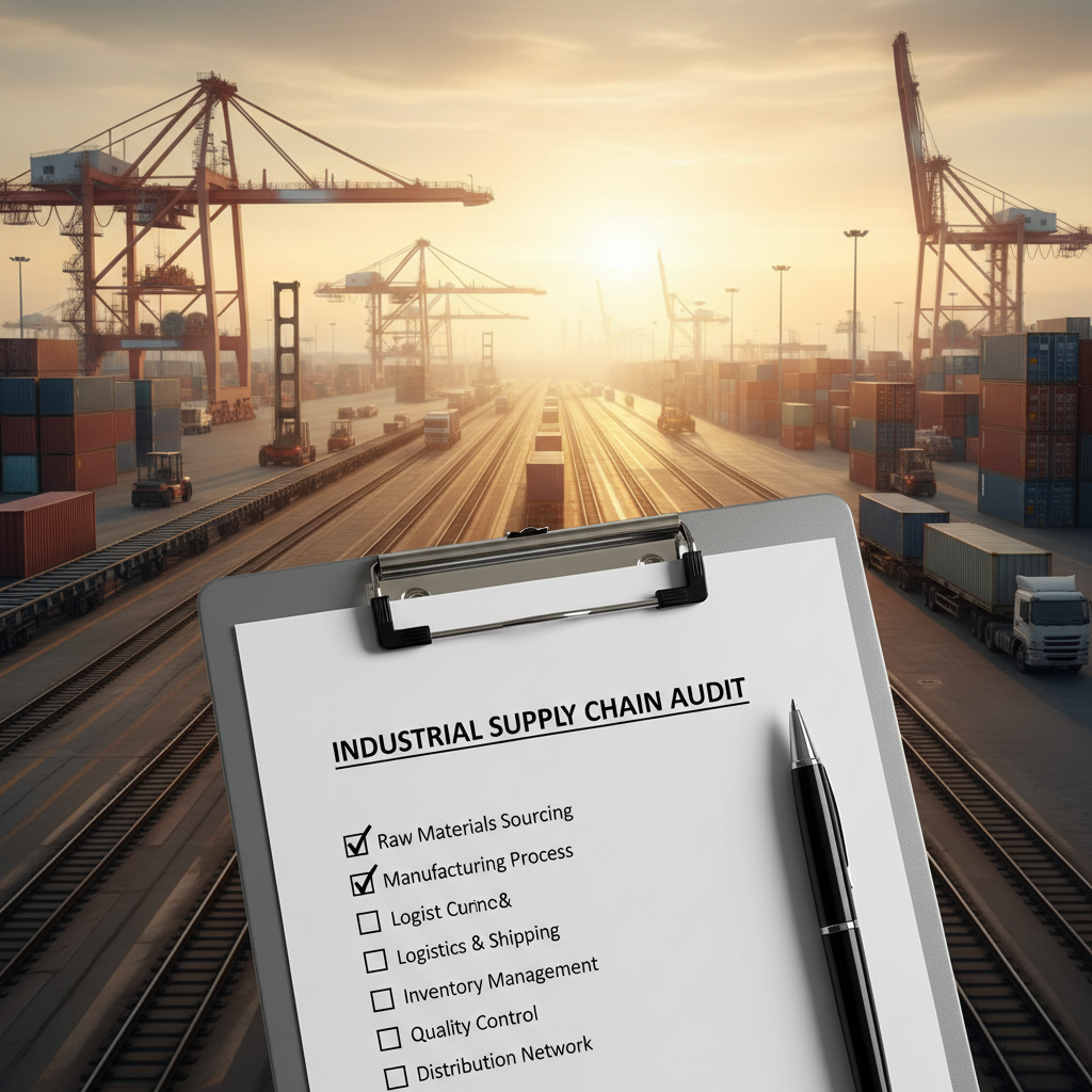Checklist document on clipboard with industrial supply chain background
