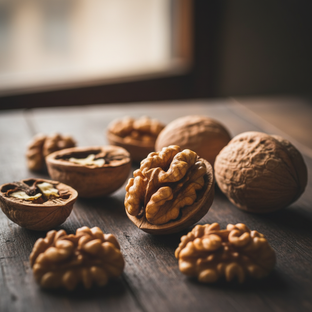 Walnuts whole and cracked open showing brain-like texture on a rustic wooden surface