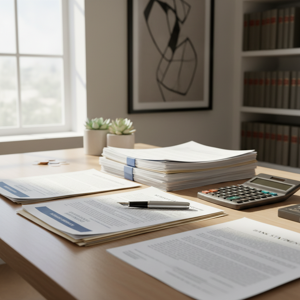 Calculator and financial documents on desk with mortgage paperwork and pen