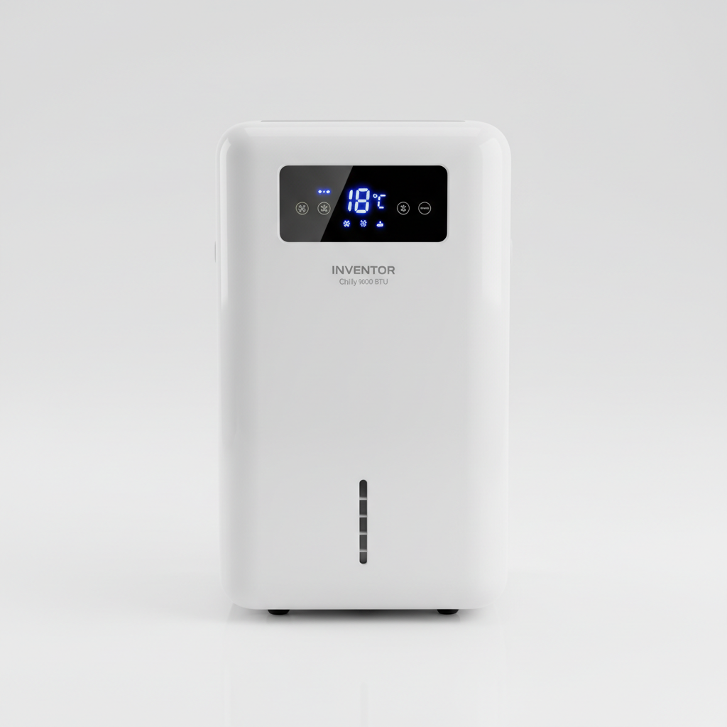 White Inventor Chilly 9000 BTU portable air conditioner with blue display panel