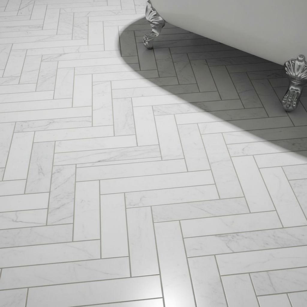 Herringbone pattern floor tiling in bathroom with precision grout lines
