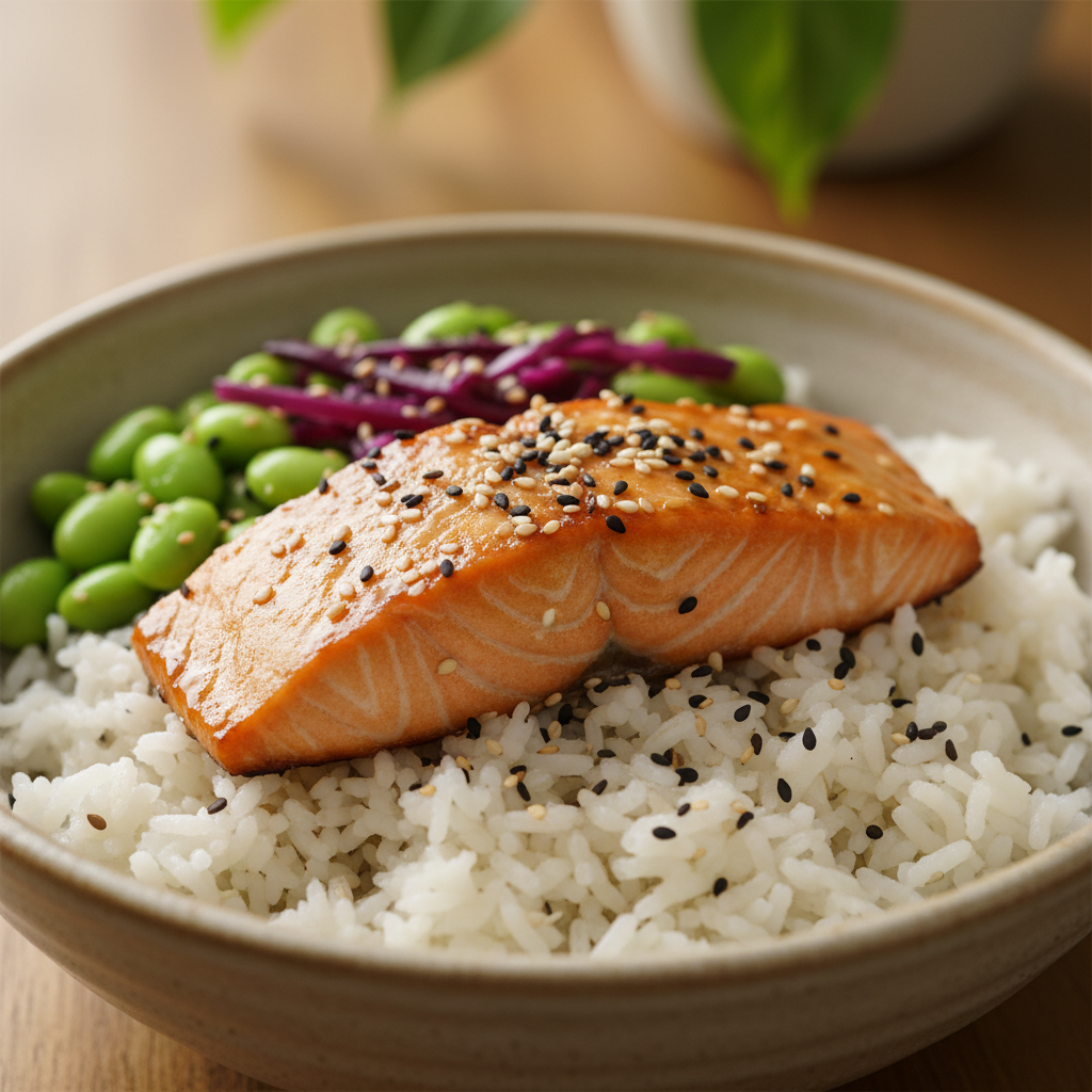 Short-grain rice bowl with miso-glazed salmon fillet, edamame, pickled red cabbage, sesame seeds