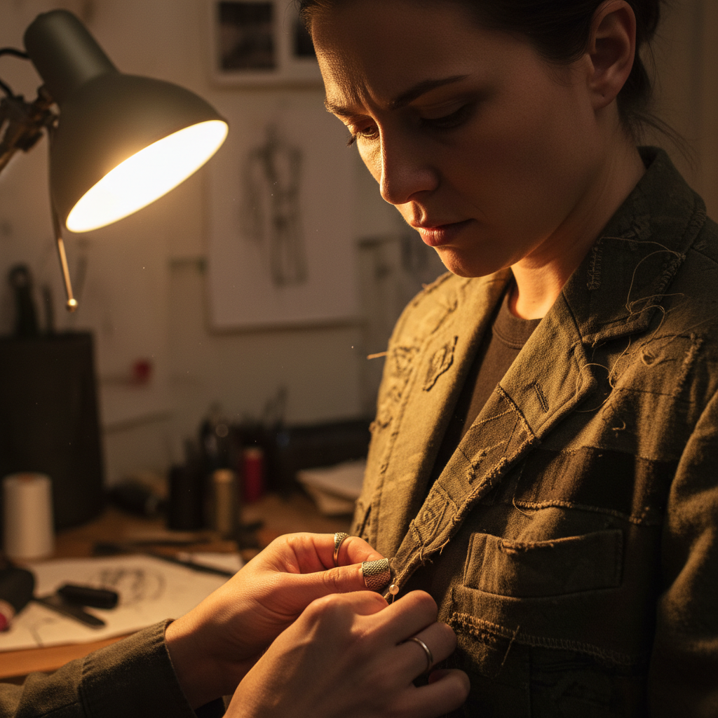 Designer's face lit by a single desk lamp, hands pinning a deconstructed blazer made from military surplus fabric