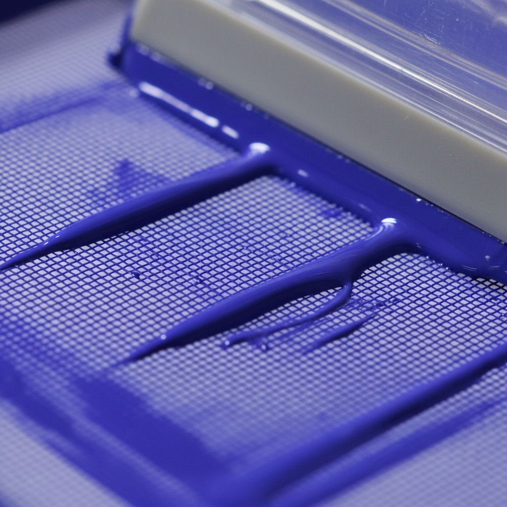 Squeegee pulling electric indigo ink across a silkscreen mesh in a darkened studio