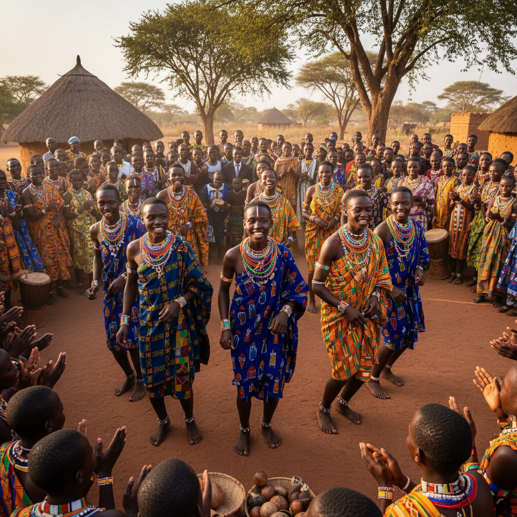 Teenagers in traditional African attire at a rites of passage ceremony with community members