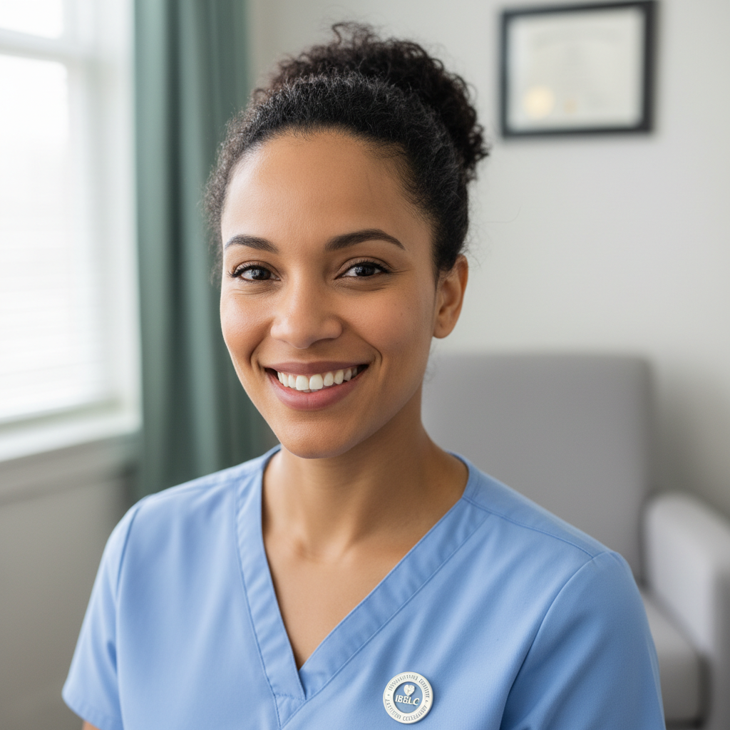 Professional lactation consultant in calm clinical setting, confident and warm demeanor, black and white portrait
