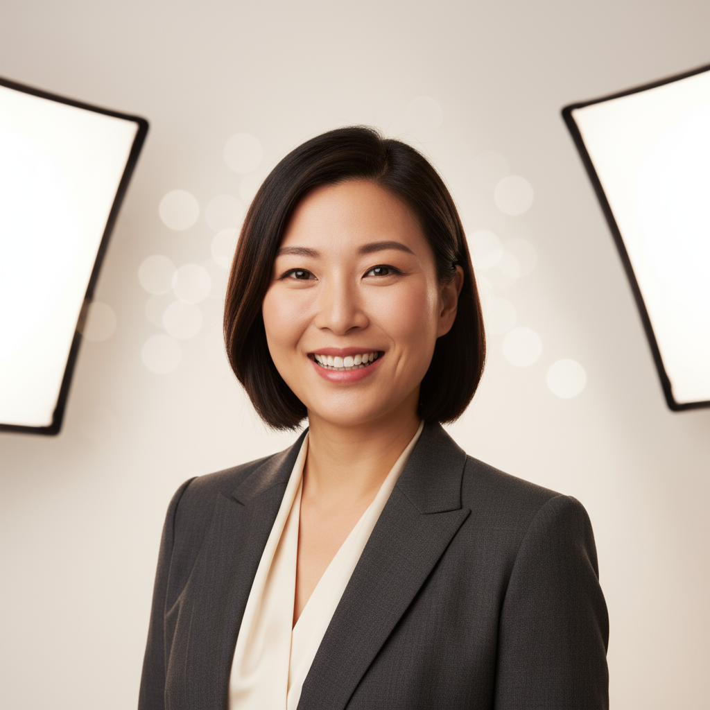 Asian woman with glasses and professional attire smiling confidently in bright studio