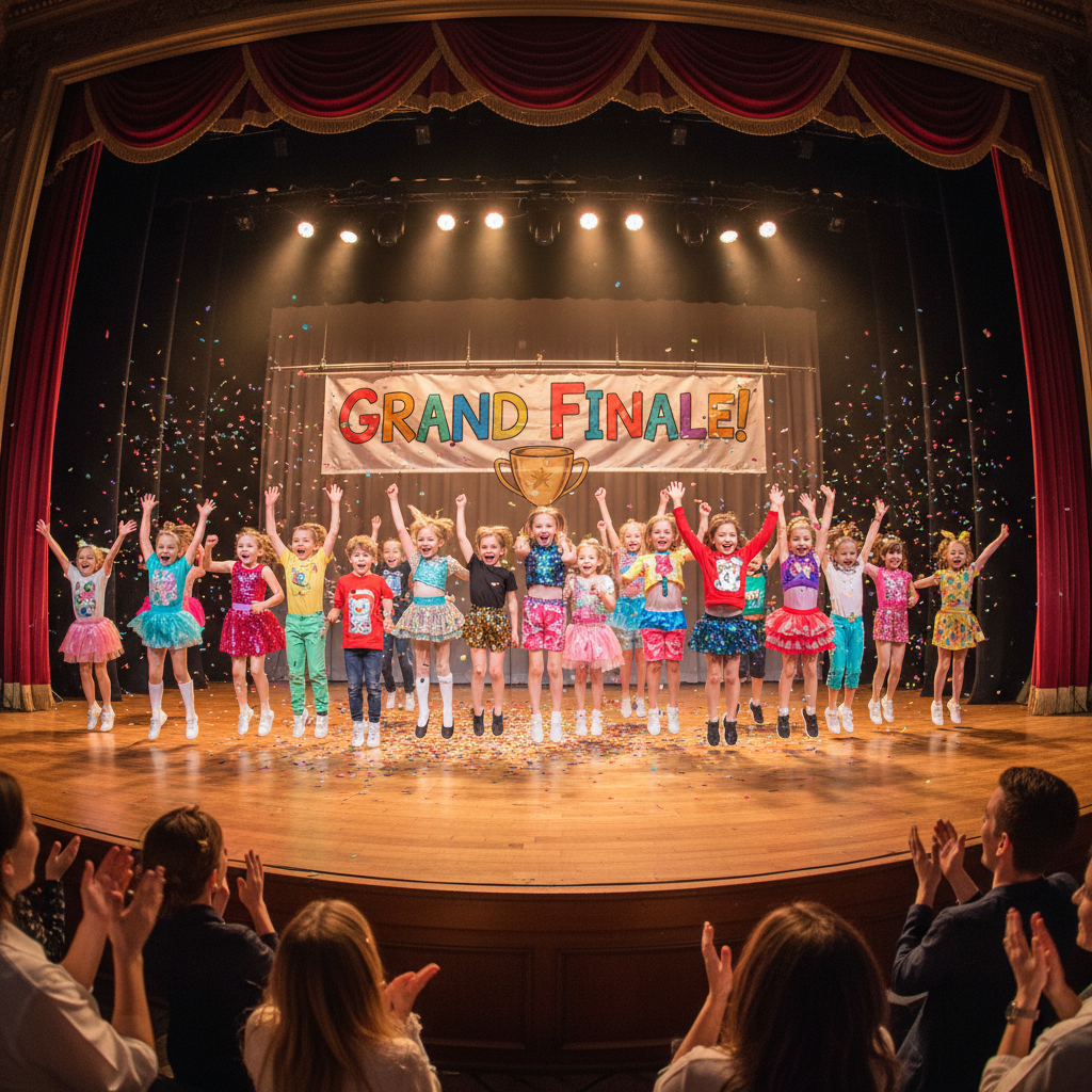 Kids cheering and jumping at end of performance