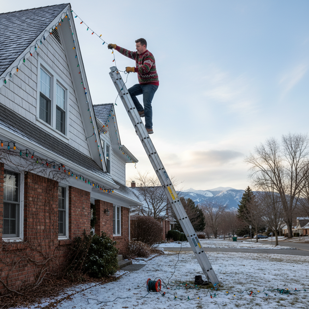 Man precariously balanced on tall ladder attempting to hang Christmas lights on house roofline in dangerous position