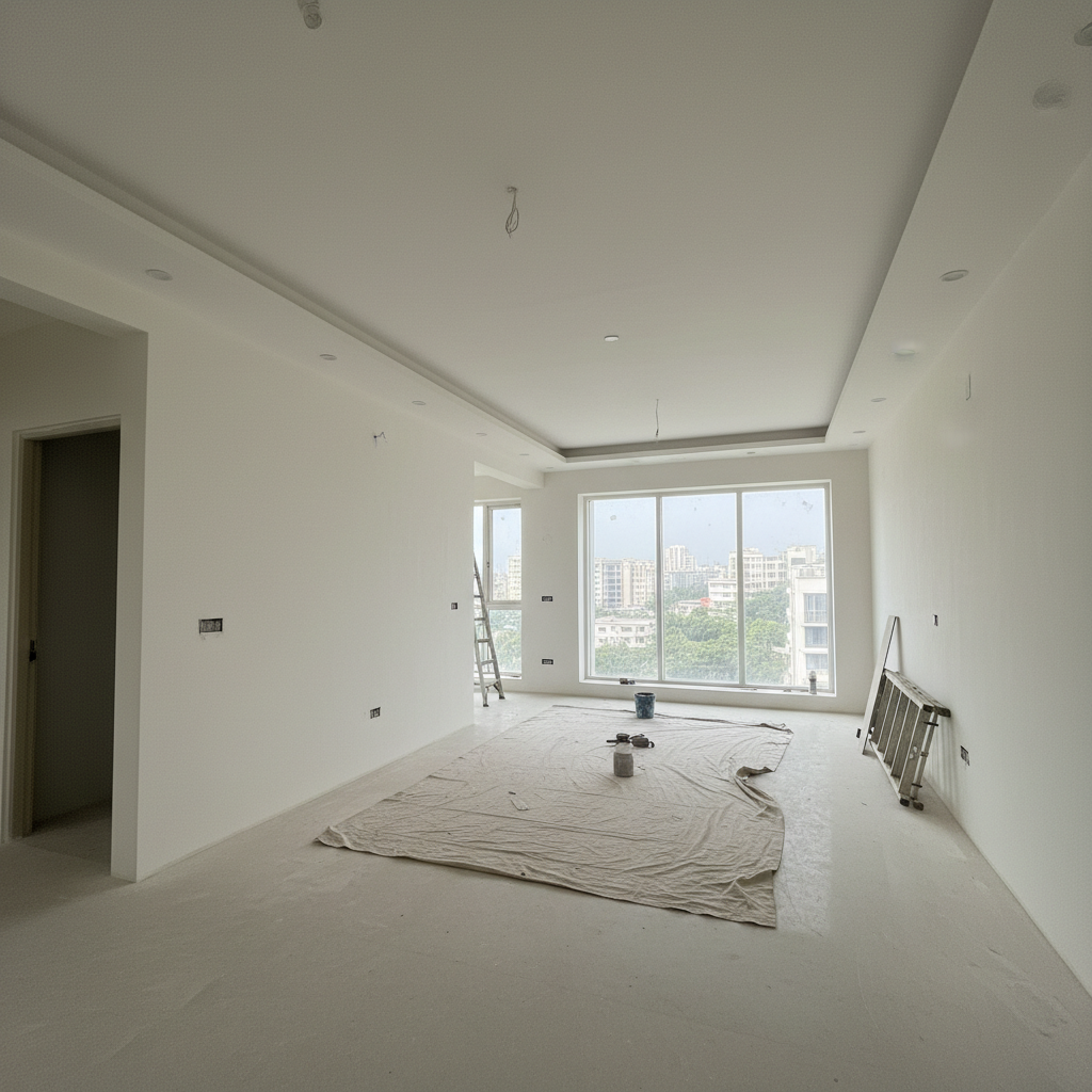 Freshly painted interior wall in soft grey-white matte finish, minimalist Indian apartment