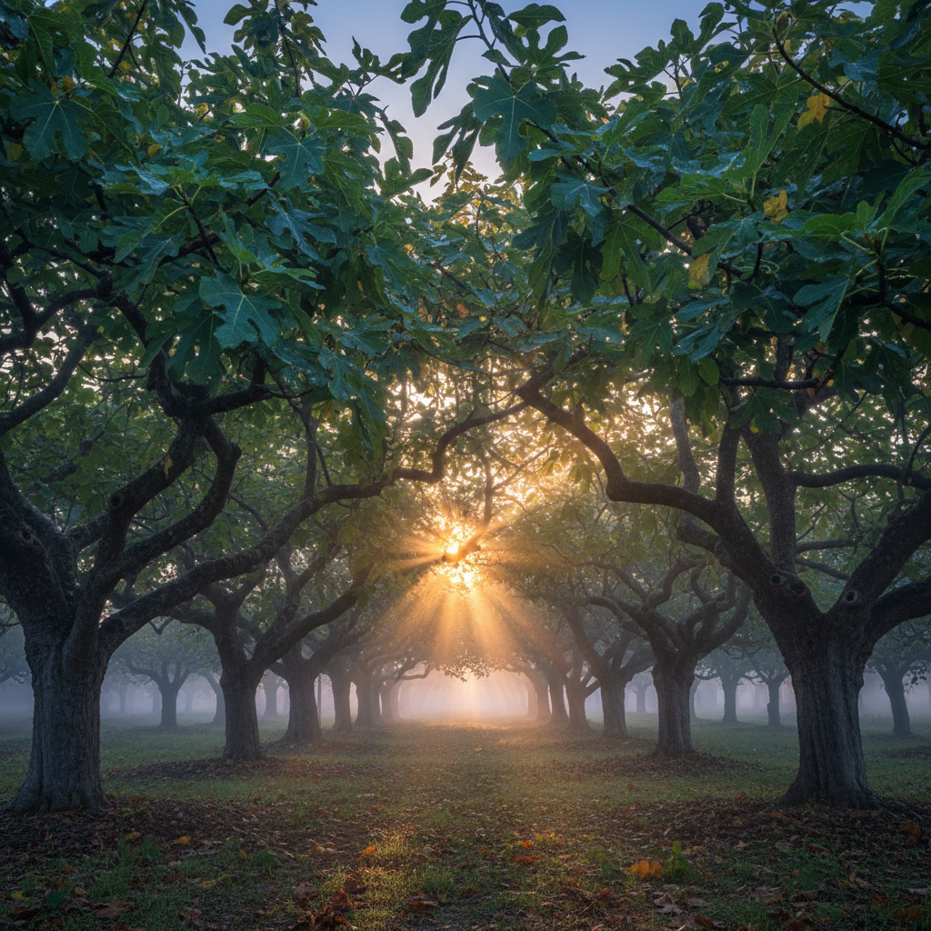 Dawn view through rows of mature fig trees, dew on broad leaves, warm morning light filtering through the canopy