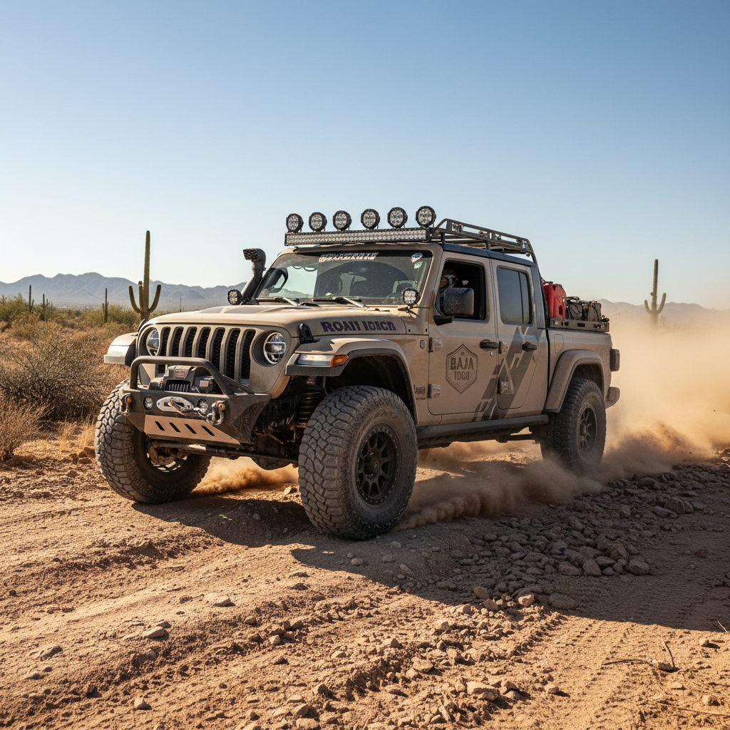 Jeep Gladiator JT built for Baja off-road expedition with long-travel suspension and roof-mounted lighting
