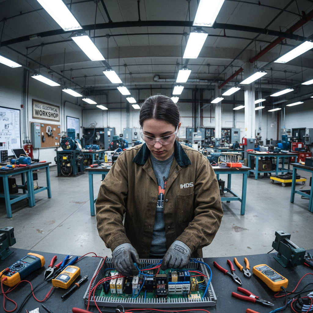 Students in a well-equipped electrical workshop learning practical skills under bright fluorescent lighting