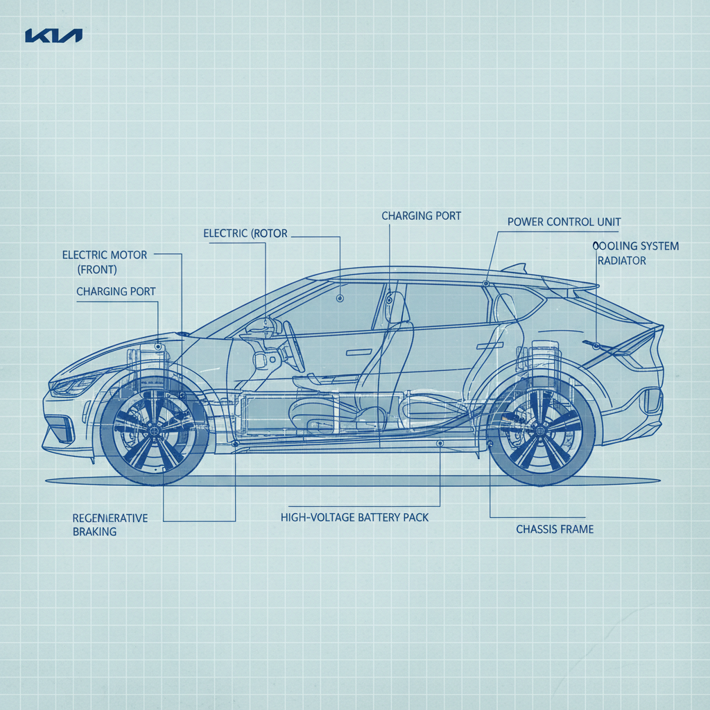 Kia EV6 side profile blueprint-style diagram showing vehicle components