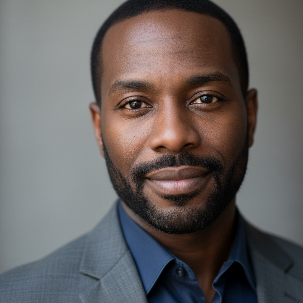 African American man in charcoal suit with confident expression