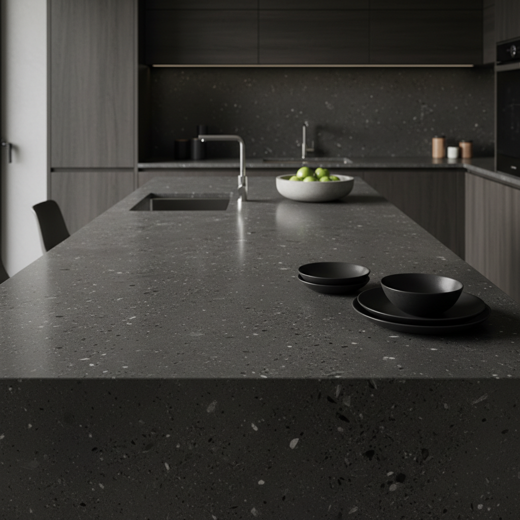 Modern slab-door kitchen cabinets in matte charcoal with integrated handles and concrete countertop in contemporary open kitchen
