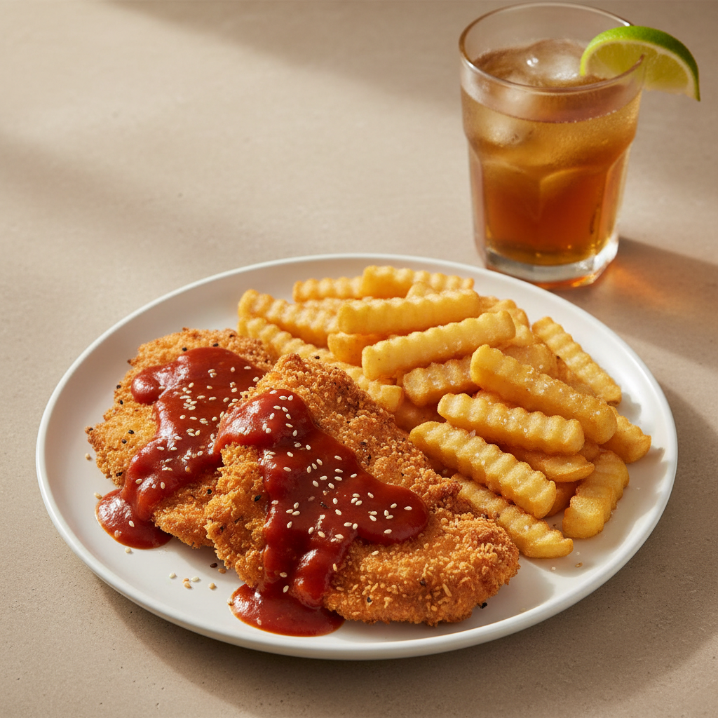 Frisdelicia Picante: pollo apanado con salsa picante roja colombiana con papas medianas y bebida