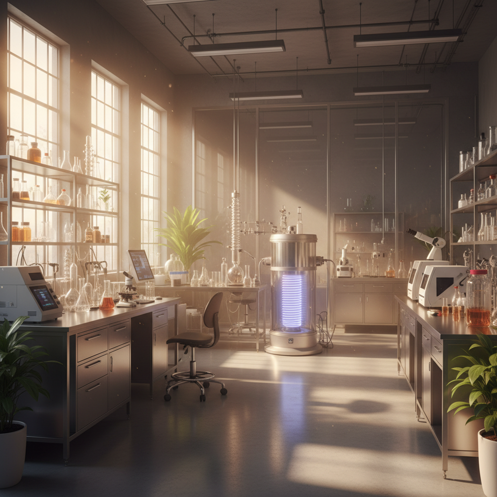 Scientific laboratory with warm golden light beams, research equipment, healing light therapy aesthetic