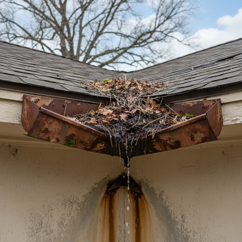 Close-up of failed step flashing at a party wall — caulk-filled gap, lifted metal, rust staining on sheathing visible beneath