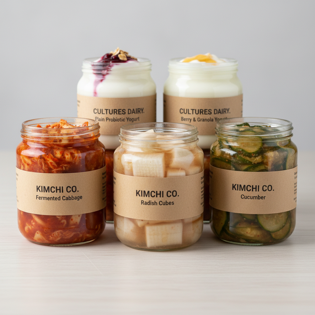Various fermented foods in ceramic jars including kimchi and pickled vegetables