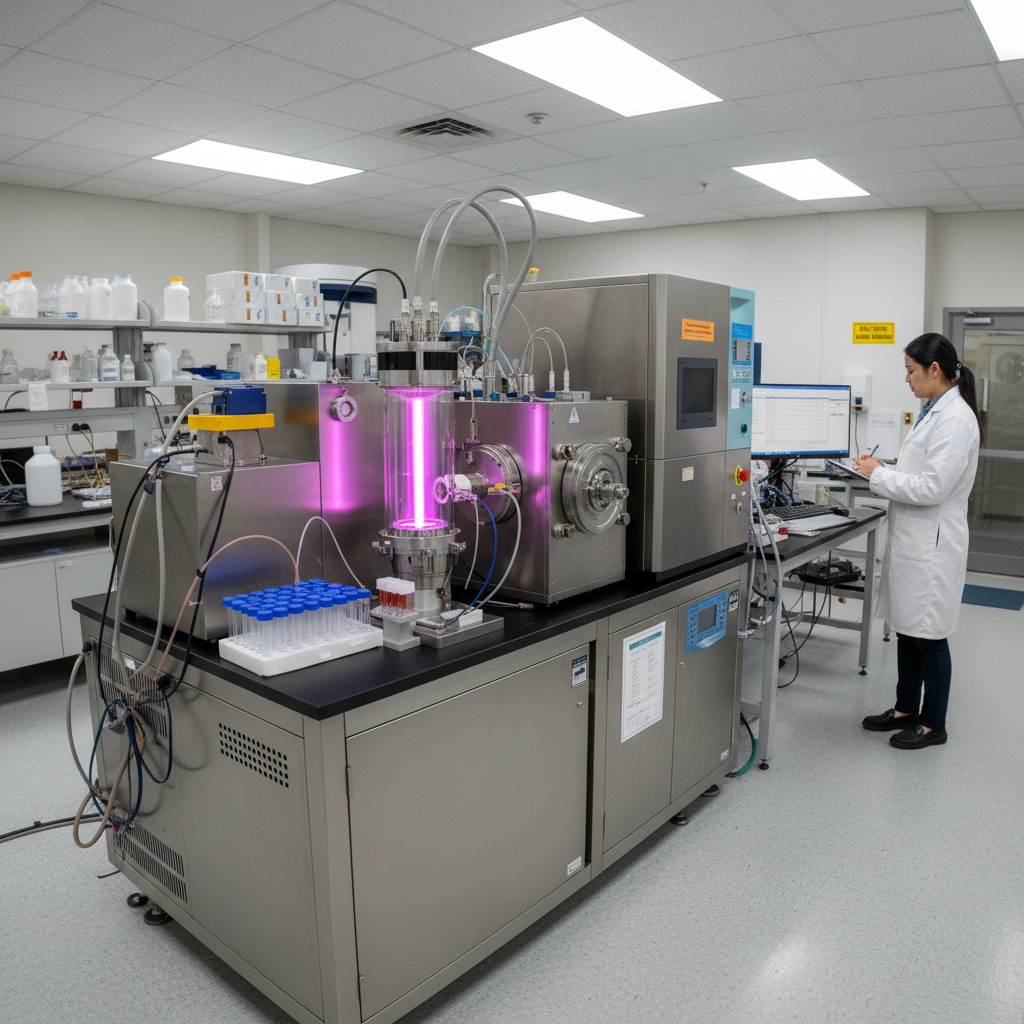 Scientist operating ICP-OES spectrometer for trace metal analysis in a chemical testing laboratory