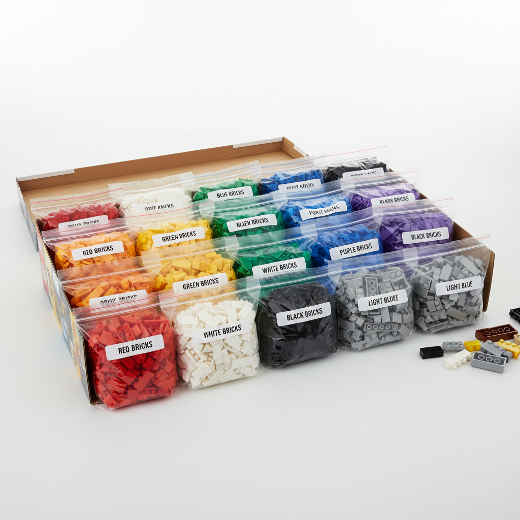 LEGO Classic large creative brick box sorted by color into labeled bags