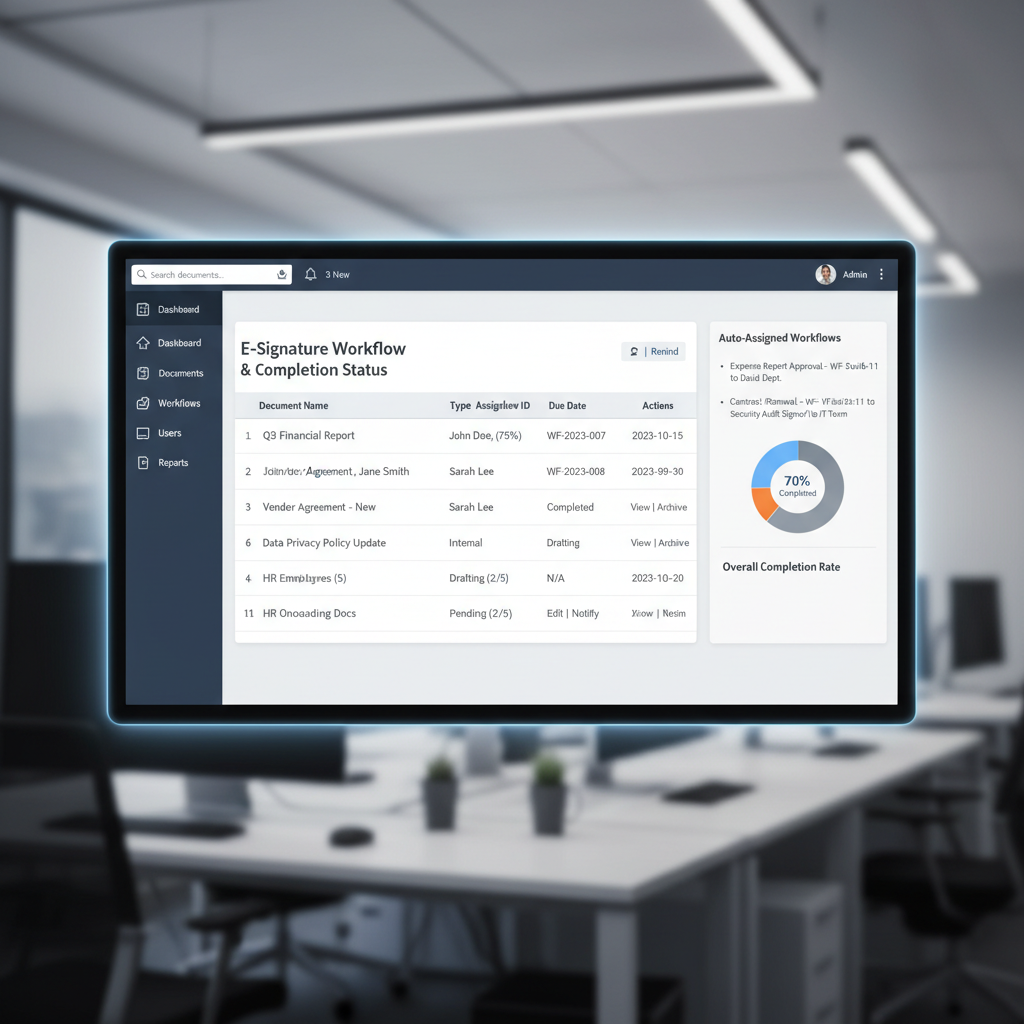 E-signature tracking panel showing document with signature fields, signer status, and completion timeline
