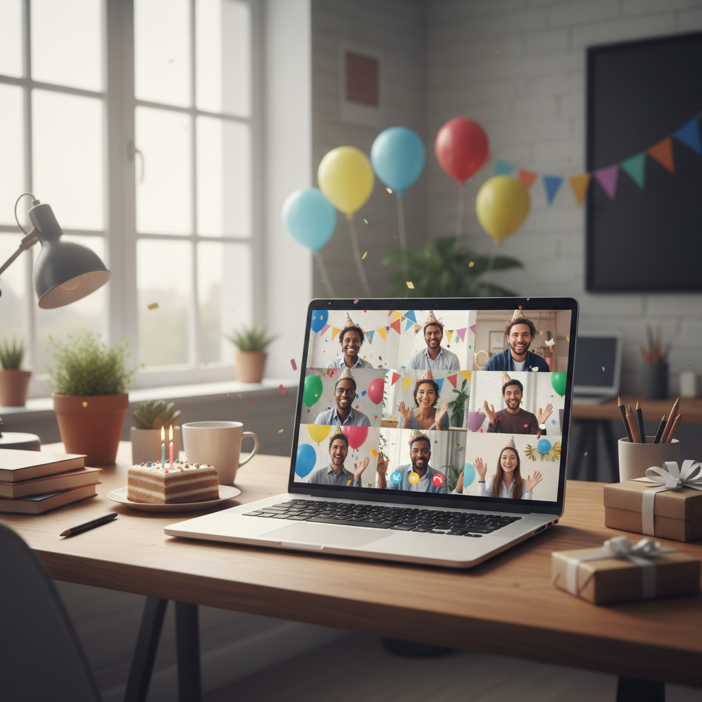 Team of remote workers on a video call, bright home office backgrounds