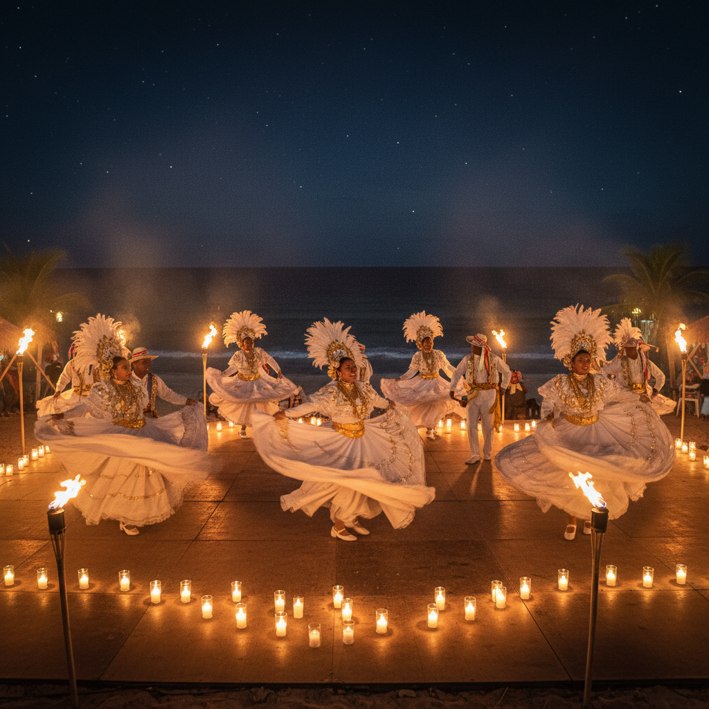Festival costero caribeño con bailarines tradicionales de cumbia en trajes blancos y dorados, velas y antorchas iluminando la noche