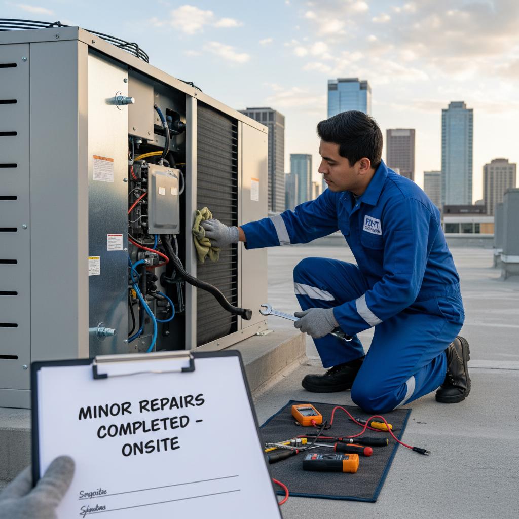 HVAC technician performing maintenance on an outdoor condenser unit, rooftop setting, clear sky, professional service work