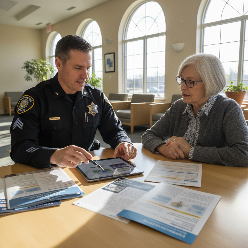 Officer and senior resident reviewing safety materials at a community center table