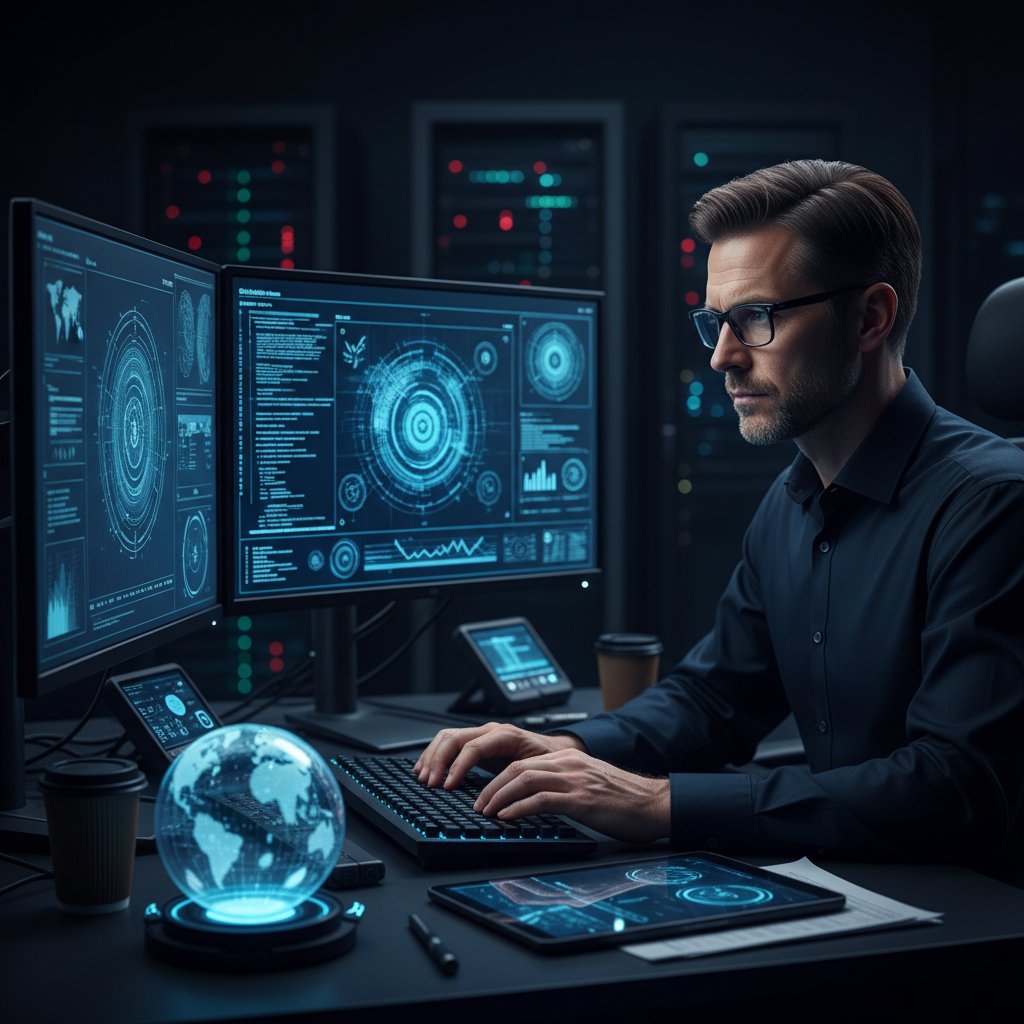 Security professional at desk, dual monitor blue light casting across their face, deep in analysis