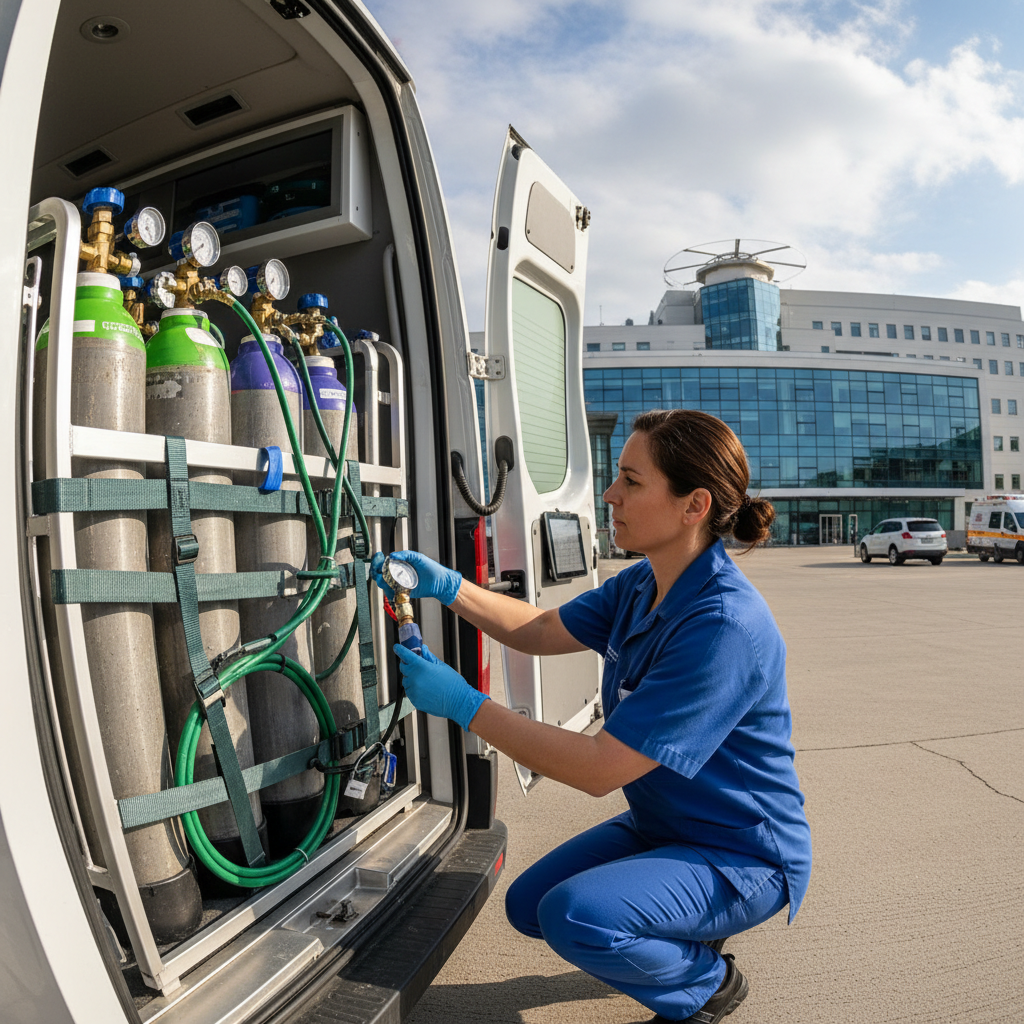 Driver checking oxygen tank equipment before a medical transport trip