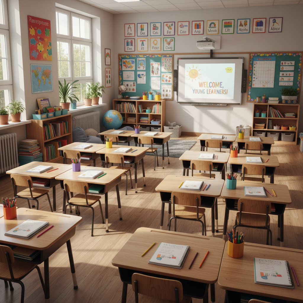 Classroom with bright natural light, students at desks in a clean educational environment