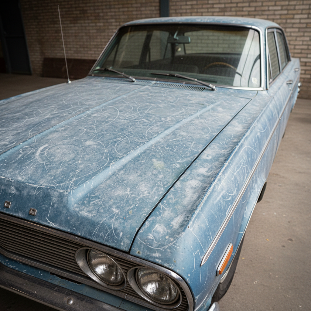 Full car exterior with faded paint, swirl marks, and dull finish before complete detailing package