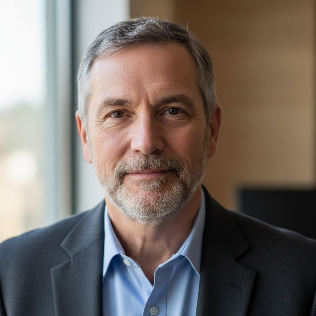 Middle-aged man with beard in gray suit jacket with professional demeanor