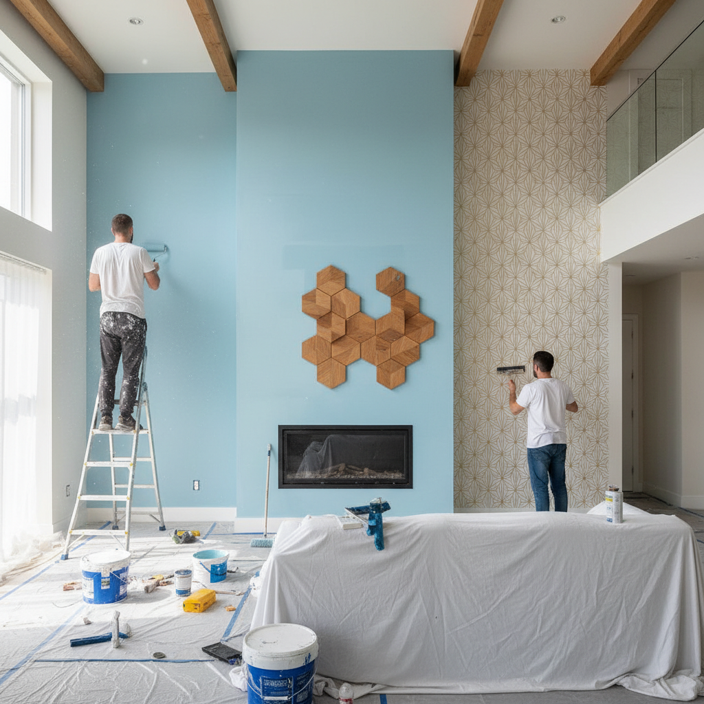 Decorator carefully hanging patterned wallpaper on a feature wall in a modern living room