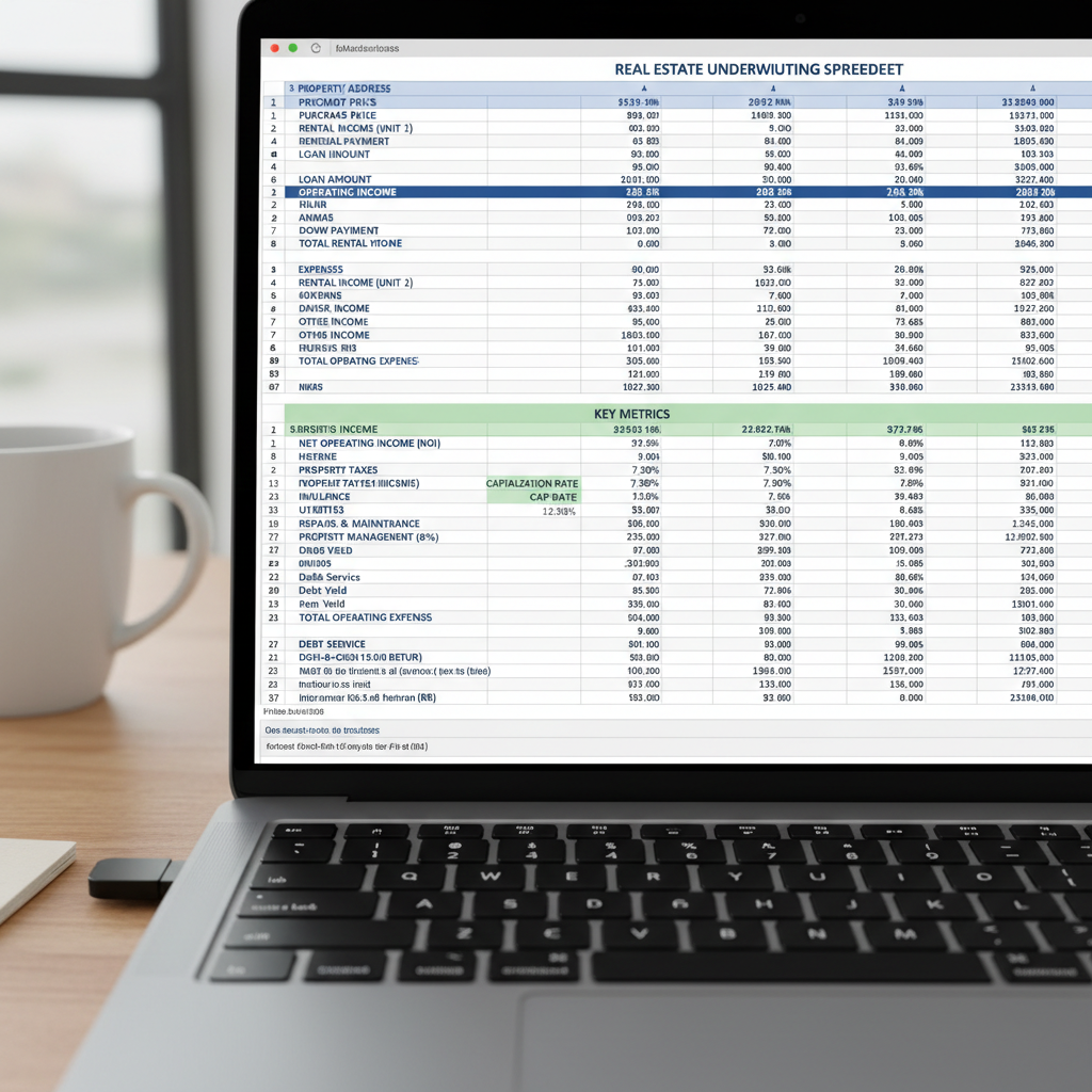 Laptop screen showing a real estate underwriting spreadsheet with rental income, cap rate, and cash-on-cash return calculations