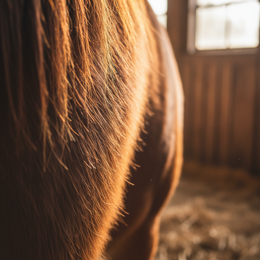 Macro close-up of a freshly brushed bay horse coat, individual hairs catching warm golden barn light