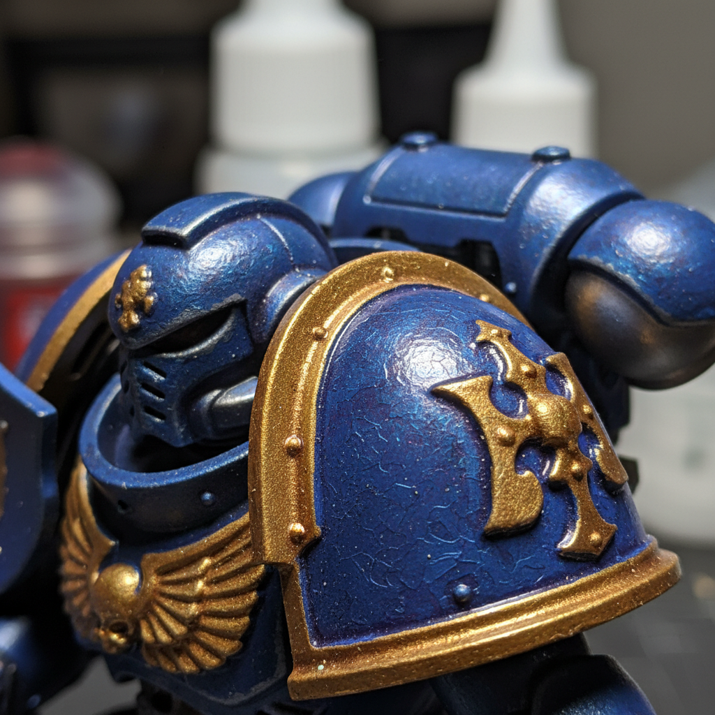 Macro photography of a Space Marine pauldron showing layered glaze technique with visible depth in the metallic surface