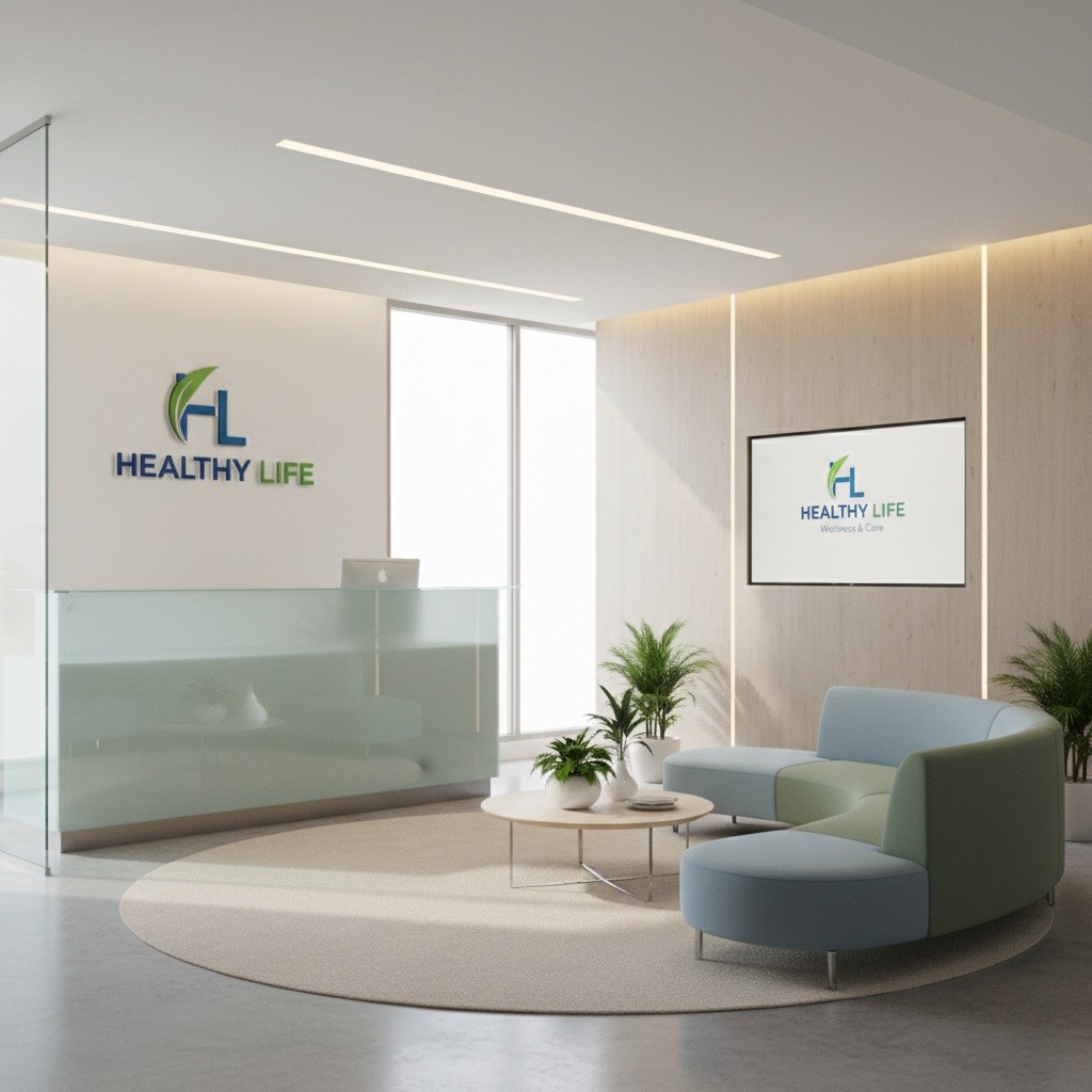 Meridian Health facility exterior with new signage system — clean, trustworthy identity applied at scale