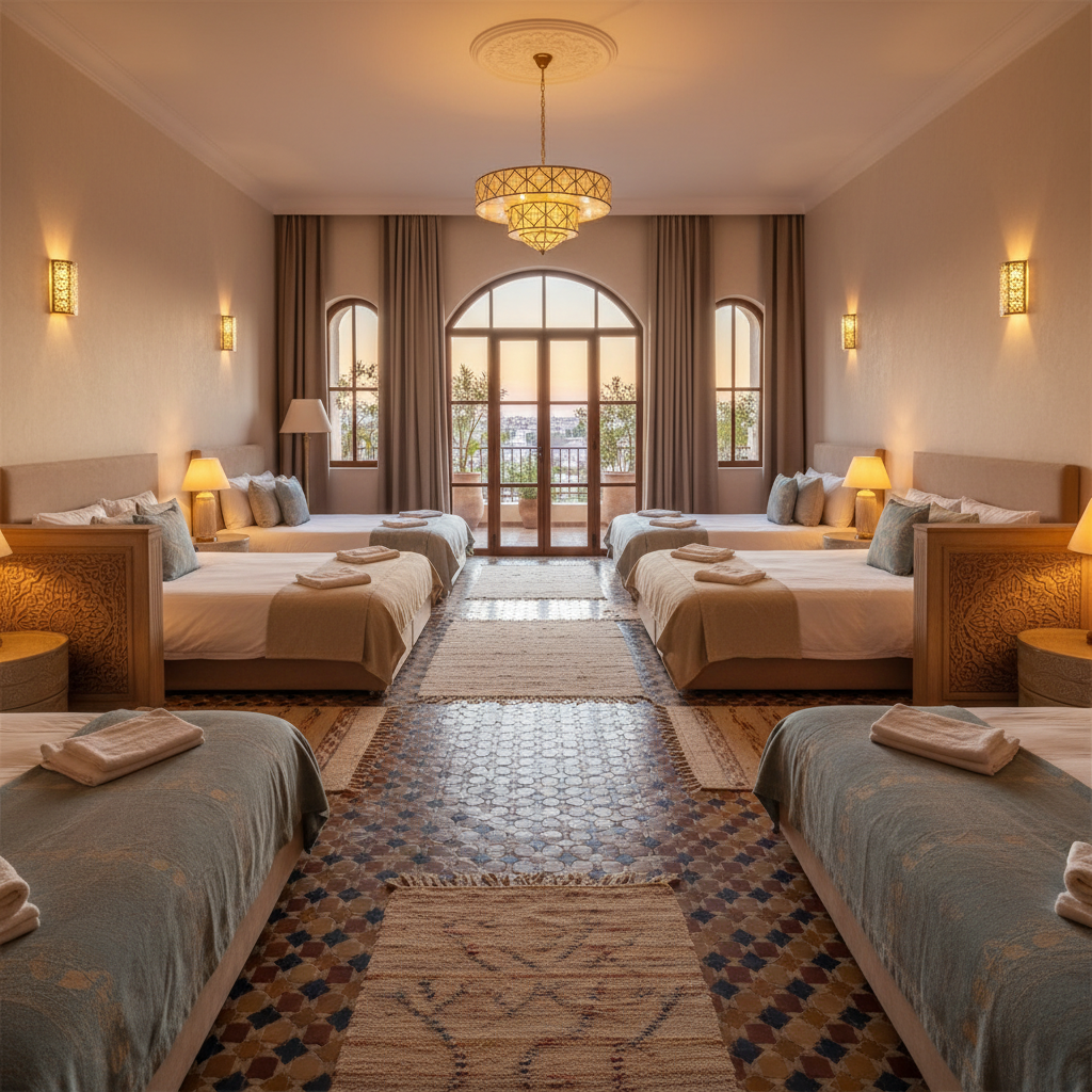 Spacious family room with multiple beds, warm lighting, open airy layout, light walls and soft furnishings
