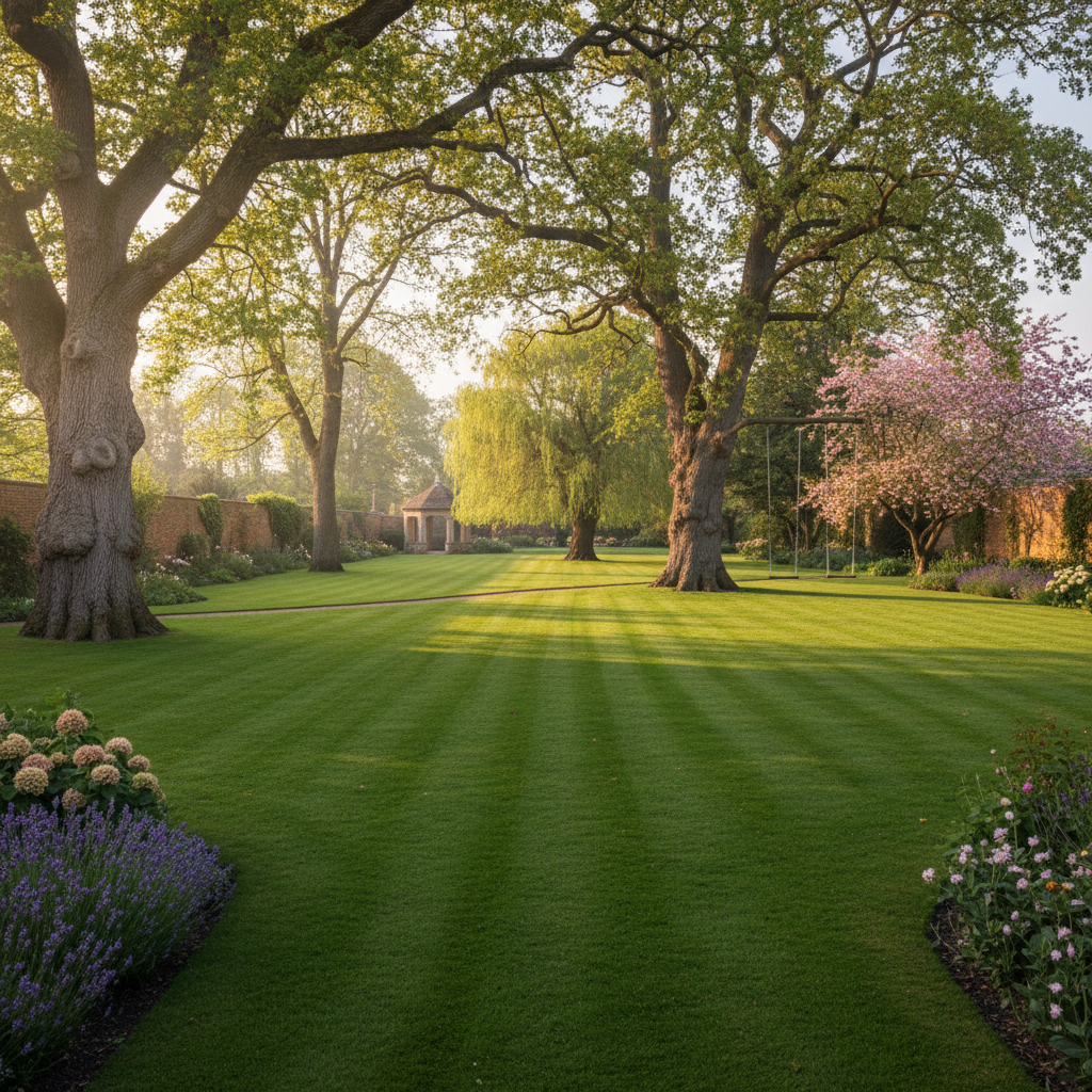 Large rear garden with mature trees and generous lawn