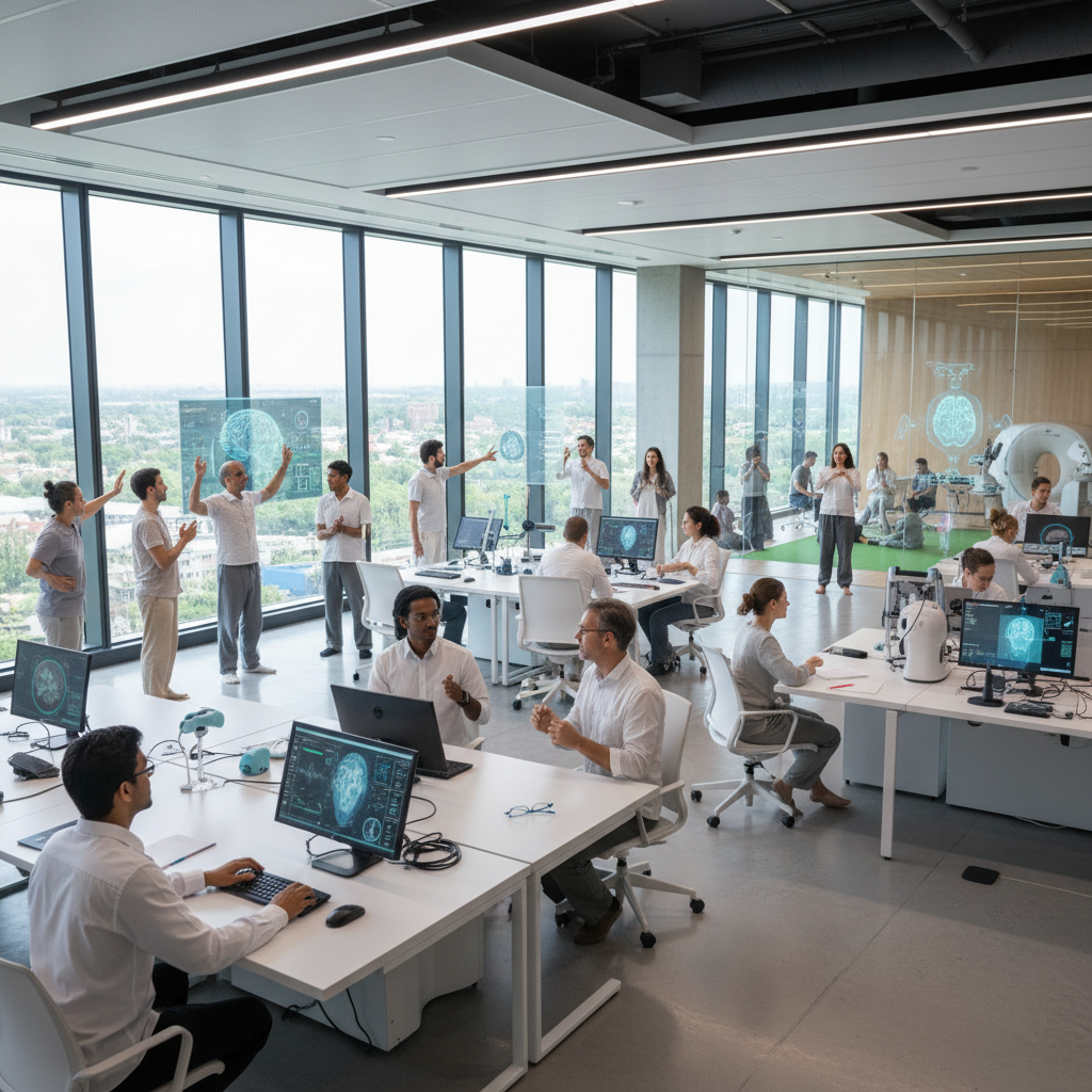 Distinguished faculty members collaborating in world-class research facility, professional researchers in modern pharma lab