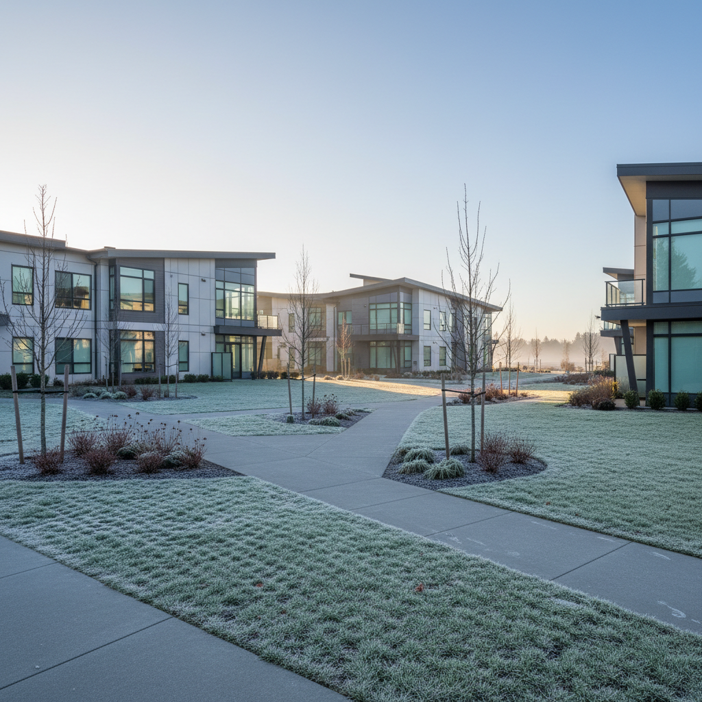 Modern residential strata complex with cleared pathways and frost on surrounding grass at early morning