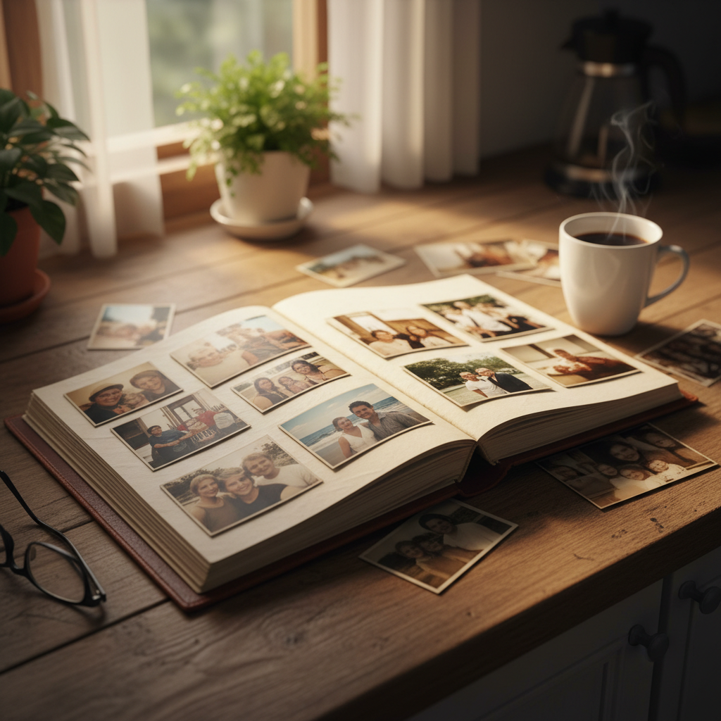 Open photo album on a kitchen counter, warm light, a mug of coffee beside it